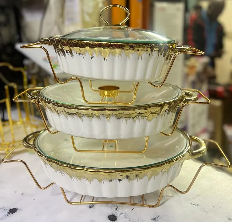 3-Piece Ceramic Chafing Dish Set – Elegant Buffet Food Warmers with Lids.