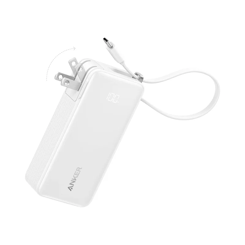 Anker Power Bank (10K, 30W, Built-in USB-C+Lightning Cable) White