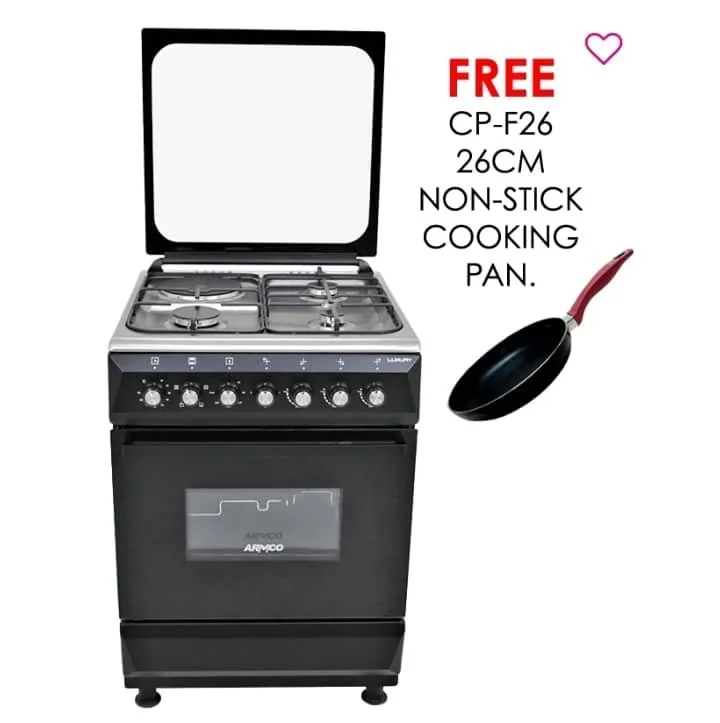 ARMCO GC-F6631JX(BK) – 3 Multi-gas Burners + 1Electric (180mm-2000W RAPID Plate), 60X60 Oven+Grill, Flame Failure Device, One Touch Auto ignition, Rot