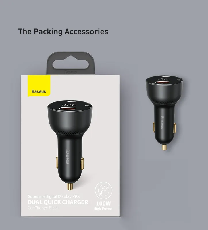 Baseus Supreme 100W Car Charger Dual Port USB Type C Quick Charger Digital Display PPS QC PD 3.0 Laptop Phone Charger For iPhone 13 12 Xiaomi