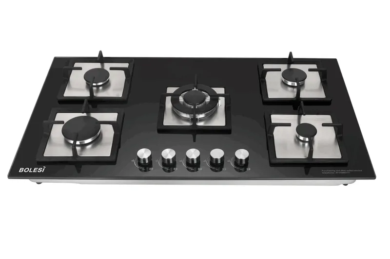 Bolesi HB-59002 5-Burner Built-In Gas Hob with Black Toughened Glass, Auto Ignition, and Flame Failure Safety
