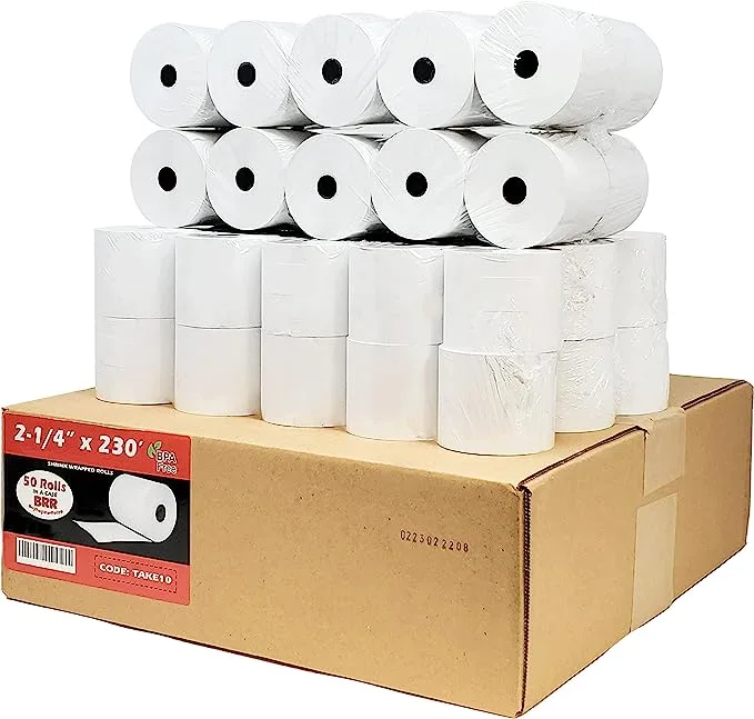 2-1/4" x 230' 50 Rolls (50 GSM Paper Thickness - Shrink Wrap) Thermal Receipt Paper Rolls