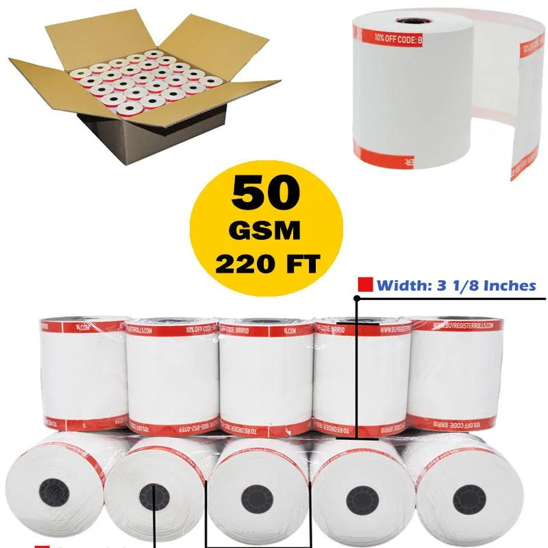 3-1/8" x 220' 50 Rolls ( 50 GSM Paper Thickness - Shrink Wrap ) Thermal Receipt Paper Rolls