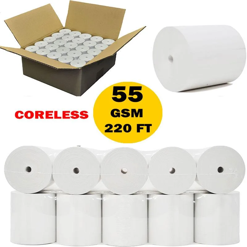 3-1/8" x 220' 50 Rolls (55 GSM Paper Thickness - Coreless Shrink Wrap) Thermal Receipt Paper Rolls