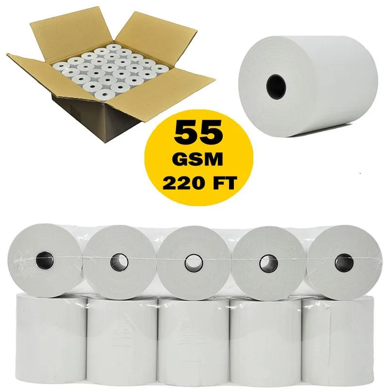 3-1/8" x 220' 50 Rolls (55 GSM Paper Thickness - Shrink Wrap) Thermal Receipt Paper Rolls