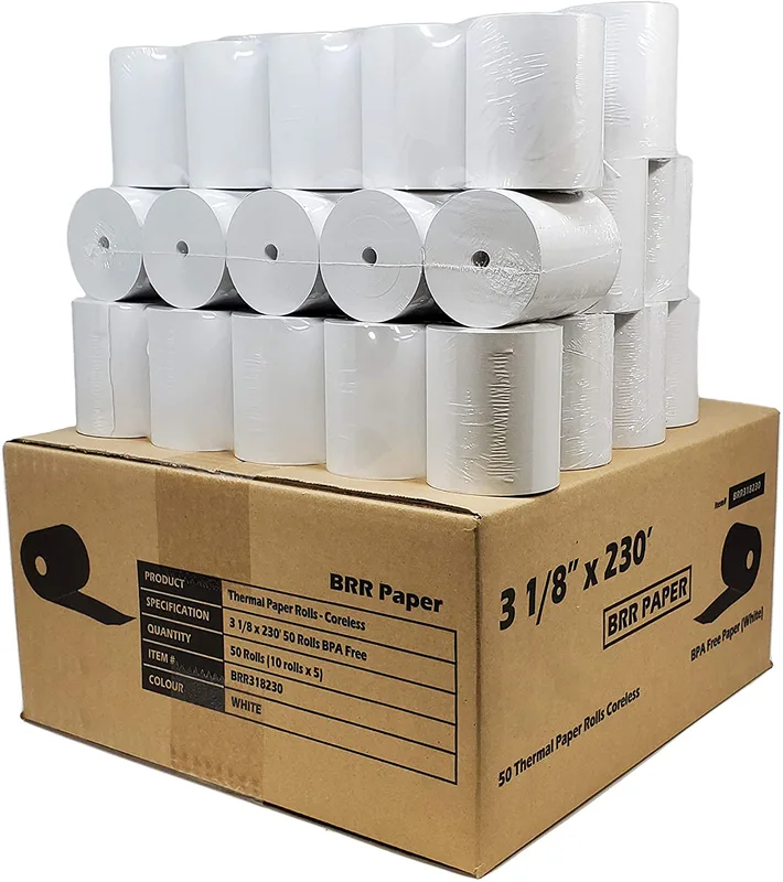 (55 GSM Paper Thickness Coreless) 3-1/8" x 230' (50 Rolls - 1 Case) Bpa Free Thermal Receipt Printer Paper | No Branding | Blank Tabs | Drop Shipping