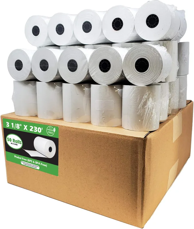Phenol-Free Thermal Paper (50 Rolls) 3 1/8 x 230 Receipt Rolls ( BPA & BPS Free) fits all Clover POS Cash Register Printers, Star Micronics TSP100 & more