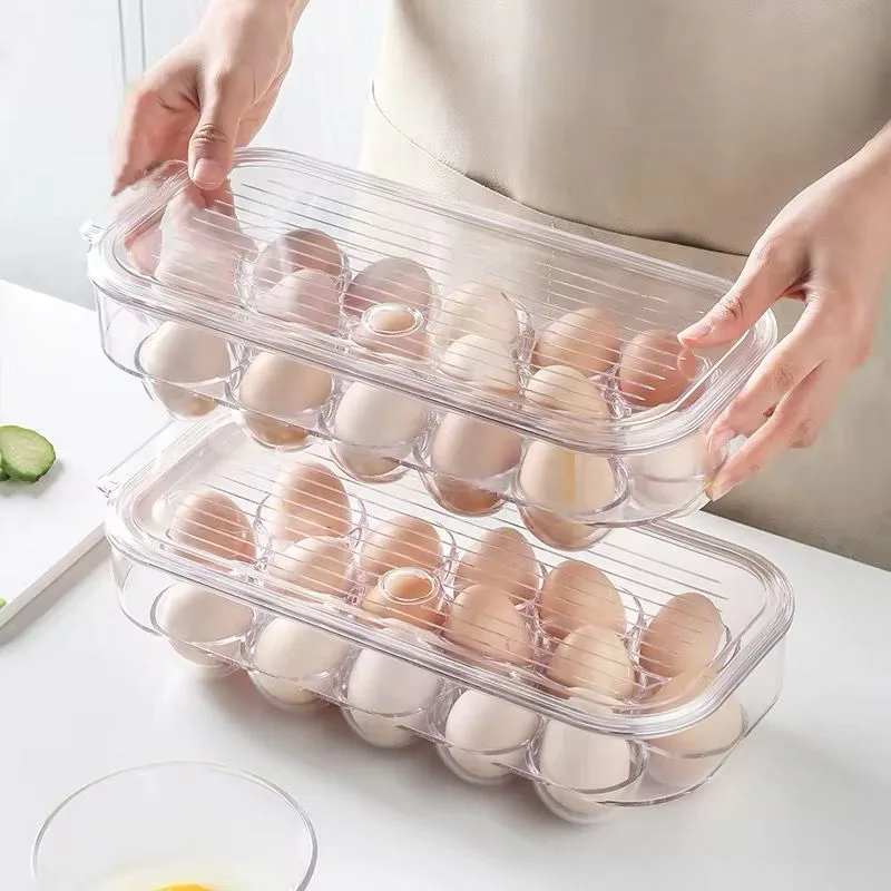 16 Grid Egg Holder Container with Handle & Lid Refrigerator Storage Tray Carrier