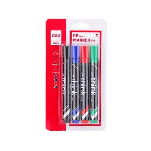 DELI U10101 THINK PERMANENT MARKER BLISTER-PACK OF 4PCS ASST. BK/BL/R/G COLORS CHISEL