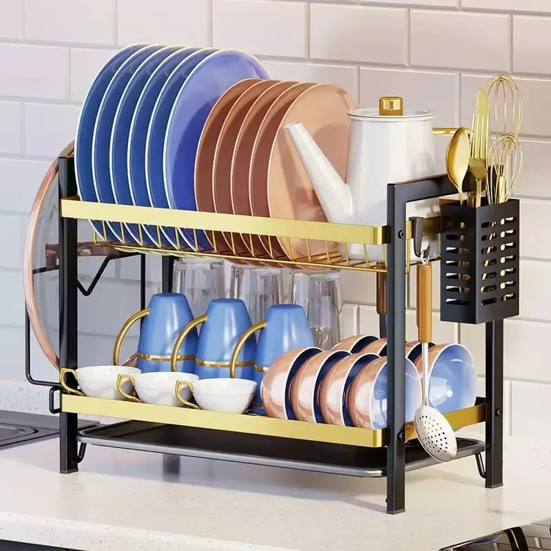 DISHRACK. 2-Tier Black and Gold Dish Drying Rack.