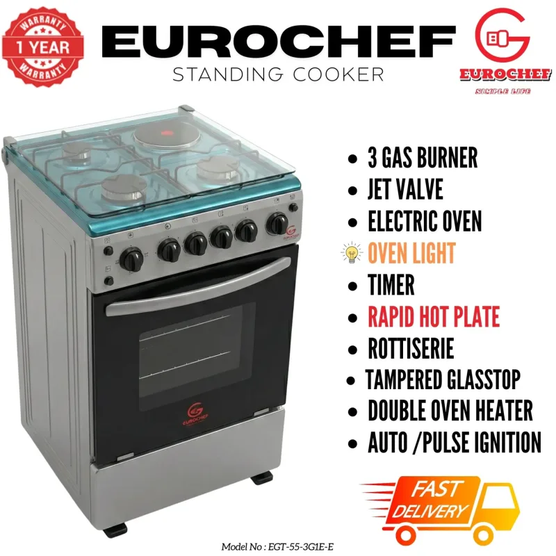 Eurochef 3G1E+E OVEN Free Stand Glass Top Cooker,rotisserie Silver, 60L -EG55