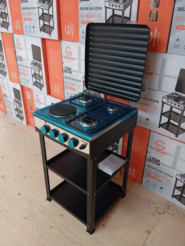Eurochef EC-6024 Deluxe 3 Gas + 1 Electric Standing Cooker With Shelves & Grill Lid – Heavy Duty Professional Cooker for Home, Workshop, and Industria