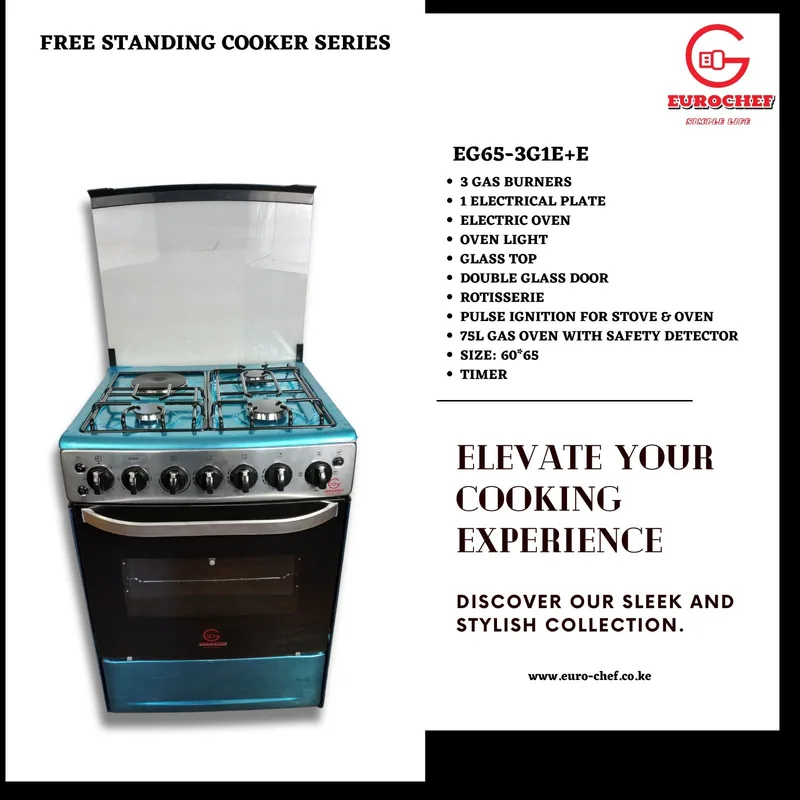 Eurochef EG65-3G1E+E 65L Free-Standing Glass Top Cooker – Electric Oven with Rotisserie, Multi-Function Cooking, and Stylish Kitchen Appliance