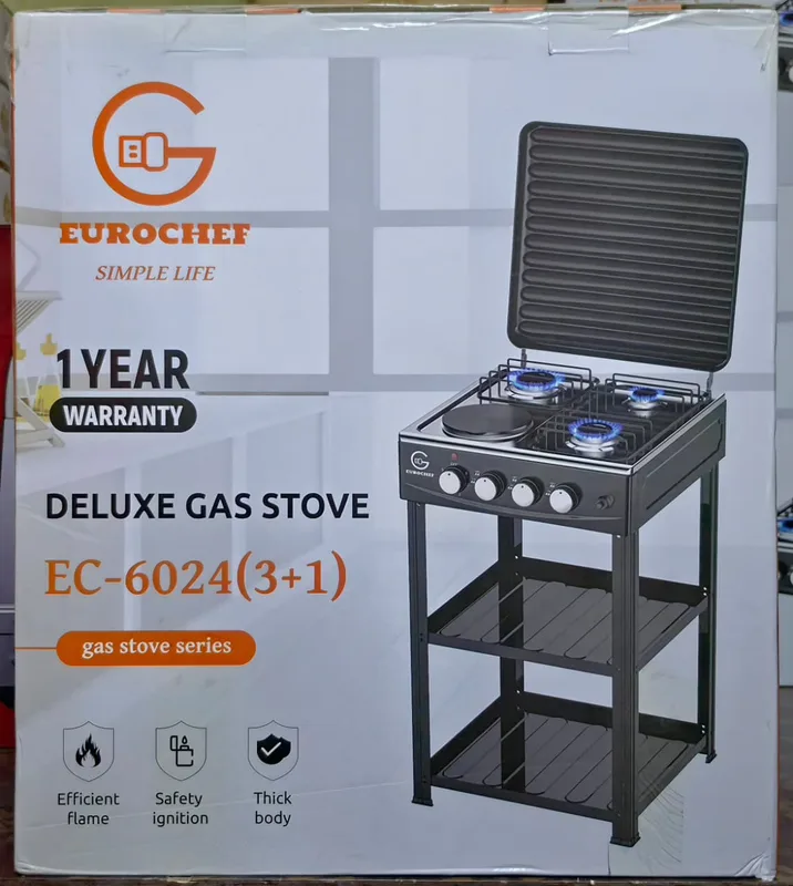Eurochef 3 Gas + 1 Electric Hot Plate Standing Stove (with shelves)