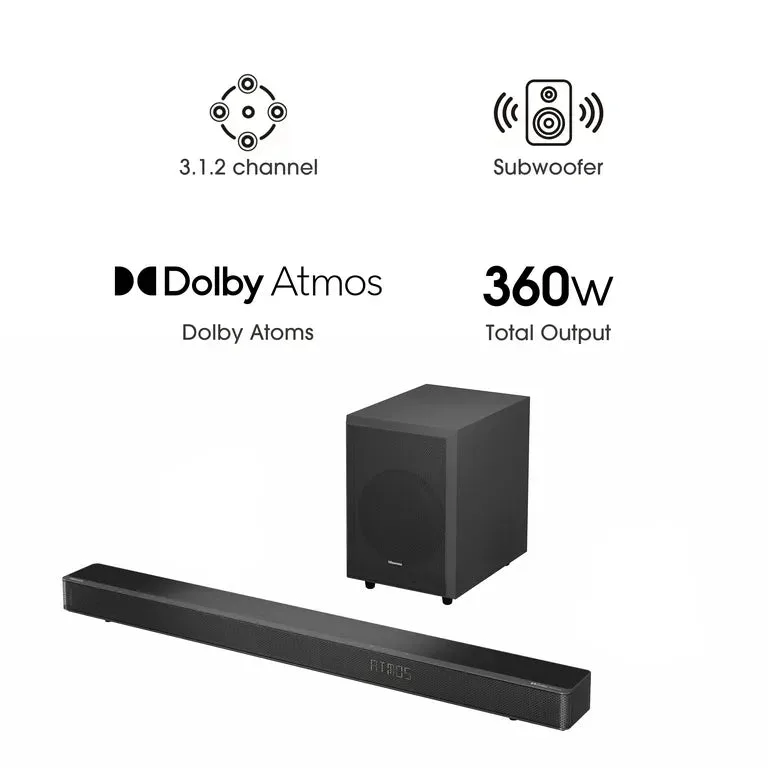 Hisense AX3120 360w 3.1.2Ch Soundbar- Delivers powerful immersive audio with enhanced surround sound for a richer home entertainment experience