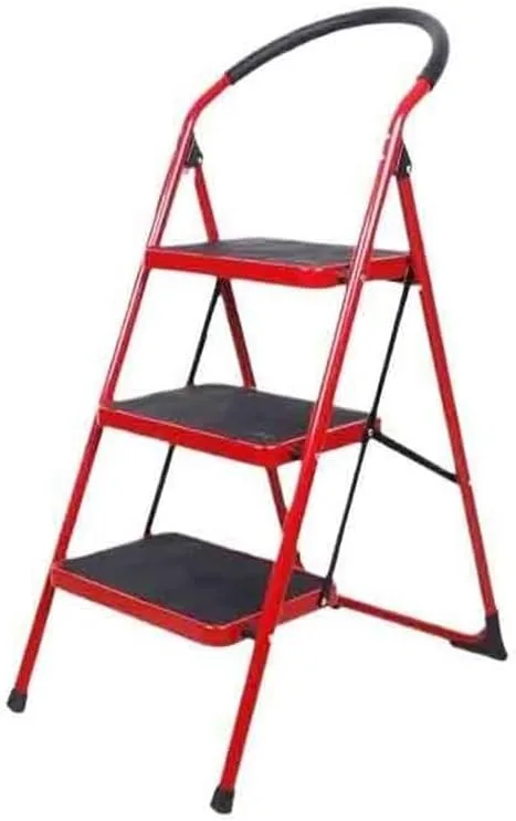 In-House XL01-3STEPRED 3 Step Steel Red Folding Ladder 150kg Capacity – Heavy Duty Industrial Grade A-Type Step Ladder for Home, Office, Maintenance,