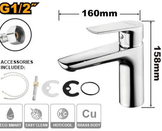 INGCO HSLBM11501 Single Lever Washbasin Mixer – Chrome Finish - Brass Body, ½" Connector, Ceramic Cartridge