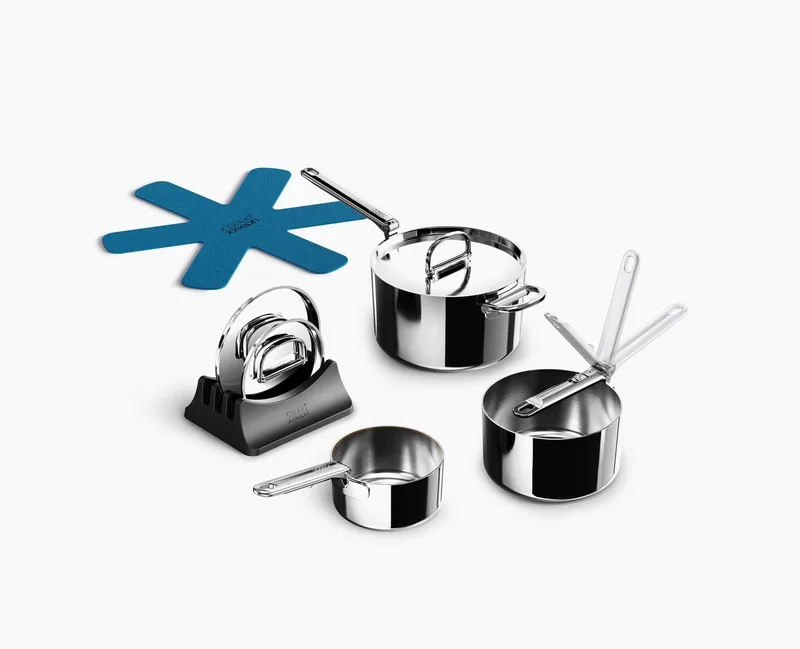 Joseph Joseph Space Steel 3 Piece Saucepan Set Stainless Steel | Folding Handles, 3 Ply Induction Sufuria Set