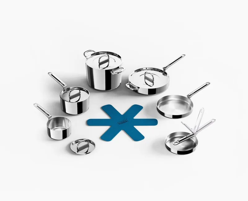 Joseph Joseph Space Steel 6 Piece Cookware Set Stainless Steel | Folding Handles, 3 Ply Induction Ready