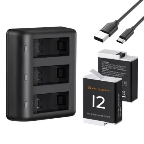 K&F Concept Gopro Hero 12/11/10/9 pack -2 battery + Triple charger