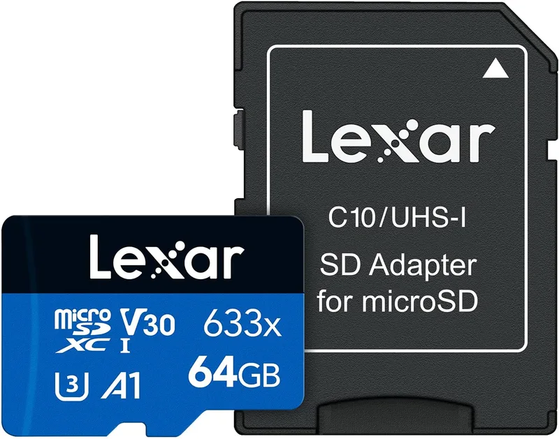 Lexar High-Performance 633x 64GB microSDXC UHS-I Card w/SD Adapter, Up To 100MB/s Read, for Smartphones, Tablets, and Action Cameras (LSDMI64GBBNL633A