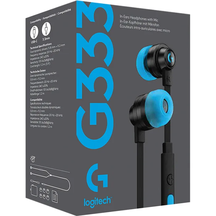 Logitech G333 Wired Gaming Earphones, Dual Drivers, 3.5mm + USB-C Adapter (981-000924)