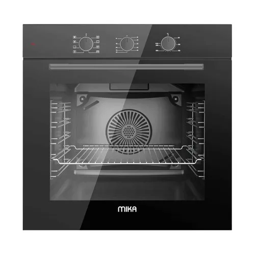 MIKA Built In Oven 60cm 73L Convection (Turbo) Fan Oven, 8 Functions, Pop Up Knob Control, with Grill & Rotisserie, Black Glass Finish MBV13081MBG