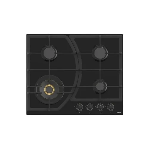 MIKA Built-In Gas Hob 60cm 4 Gas with WOK Brass SABAF Burner, Black Glass MGH63406FBGW
