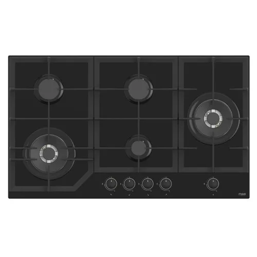MIKA Built-In Gas Hob 90cm 5 Gas 2 WOK Aluminium SABAF Burner, Black Glass MGH92503FBGW2
