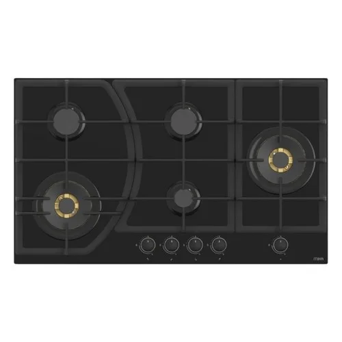 MIKA Built-In Gas Hob 90cm 5 Gas 2 WOK, Brass SABAF Burner, Black Glass MGH93505FBGW2