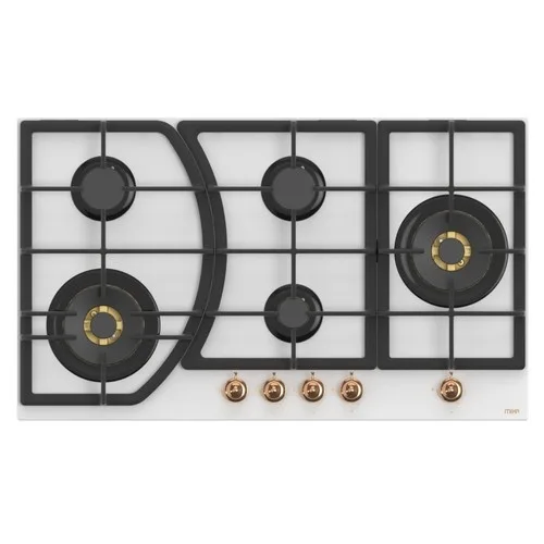 MIKA Built-In Gas Hob 90cm 5 Gas with 2 WOK, Brass SABAF Burner, White Glass MGH93506FWGW2