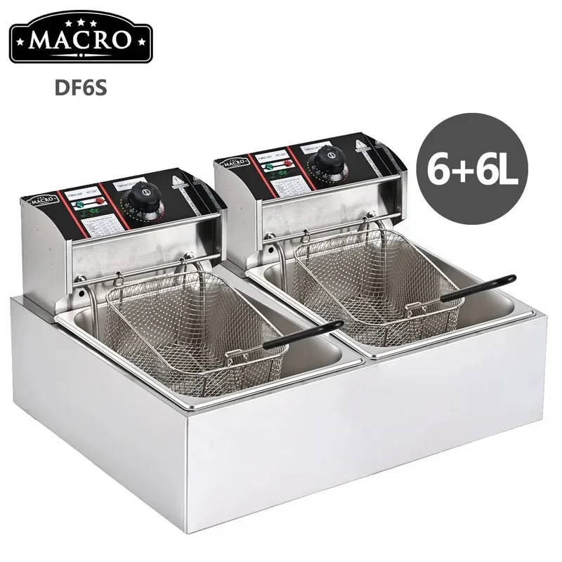 Nunix Macro DF6S 6L+6L Double Deep Fryer - Dual Basket Commercial Deep Fryer with Independent Temperature Control, Fast Heating, 12L Capacity & Durabl