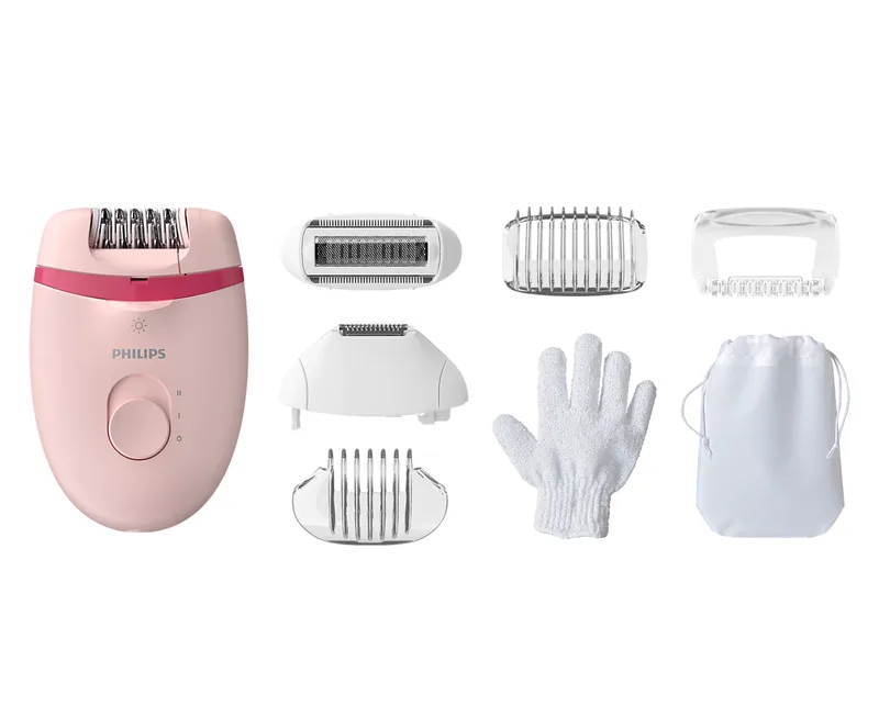 Philips Satinelle Epilator with Opti-Light & 7 Accessories - For Legs & Sensitive Areas, Root Removal as Short as 0.5mm
