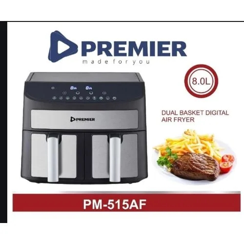 Premier PM-515AF 8.0L Dual Basket Air Fryer – Large Capacity, Rapid Hot Air Cooking, Dual Fry Baskets, Easy-to-Use Digital Controls, Perfect for Home