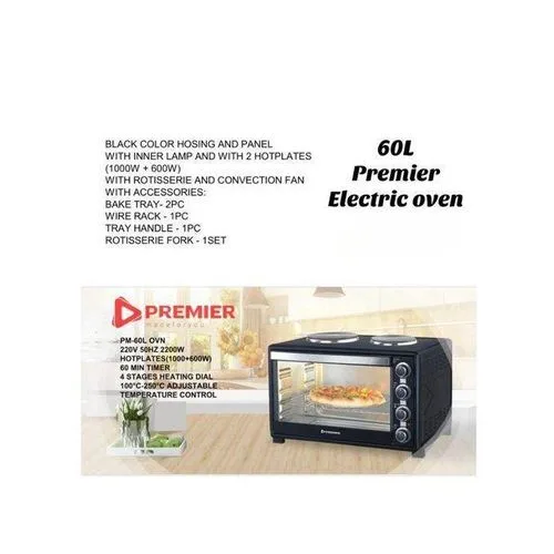Premier PM-60L 60L Electric Oven – Powerful Heating, Large Capacity, Multiple Cooking Functions, Easy-to-Use Controls, Perfect for Home, Office & Smal