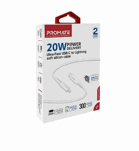 Promate 20W Power Delivery Fast Charging USB-C to Lightning Cable 3 M
