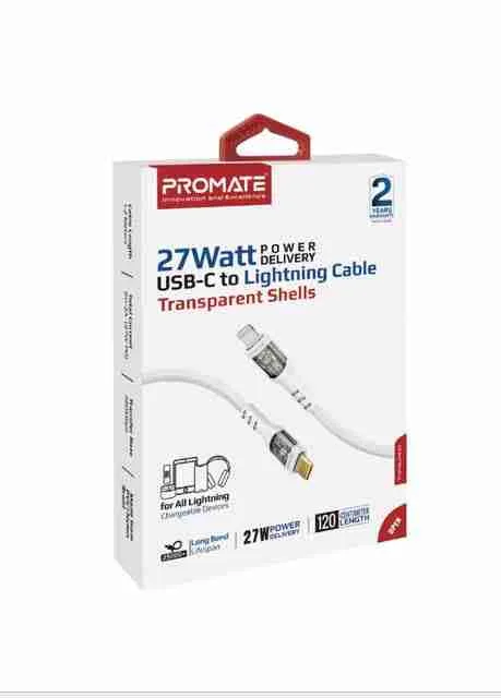 Promate 27W Power Delivery USB-C to Lightning Transparent Cable 1.2 M