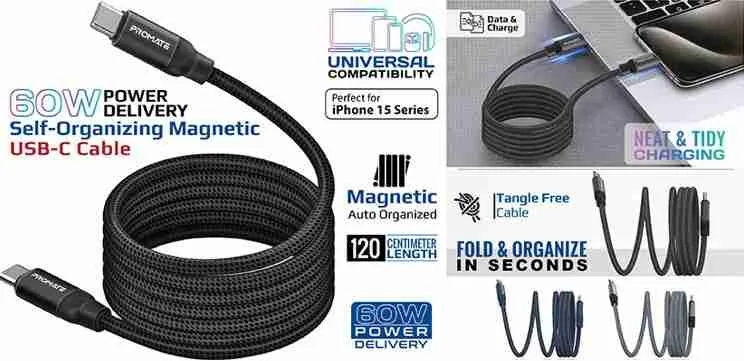 Promate 60W Power Delivery Self Organizing Magnetic USB-C Cable 1.2 M