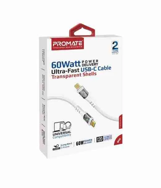 Promate 60W Power Delivery Ultra-Fast USB-C Transparent Cable with LED 1.2 M