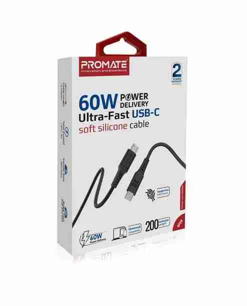 Promate 60W USB-C to USB-C Data and Charge Flexible Silicon Cable 2 M