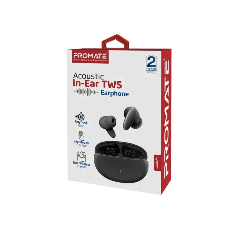 Promate Compact Bluetooth v5.1 TWS IPX5 Earphones (LUSH) - 5 Hours Playing Time, Intellitouch Control, Water Resistant