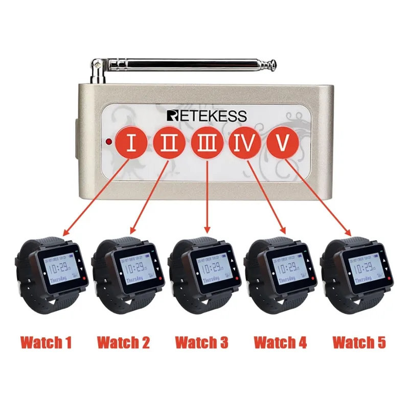 Retekess TD005 Five-Key Button with Five T128 Wireless Smart Watch for Kitchen call waiter