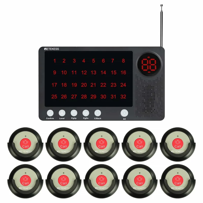 Retekess TH107 Nurse Call System Caregiver Pager Receiver Host With TH009 IP67 Waterproof One-Key Alert Call button for Hospita,Clinic,Nursing Home