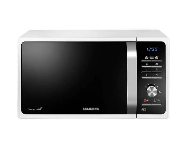 Samsung MS23F301TAW 23L Microwave Oven - smooth ceramic interior, a black glass front, a crystal blue display and detailed silver dial