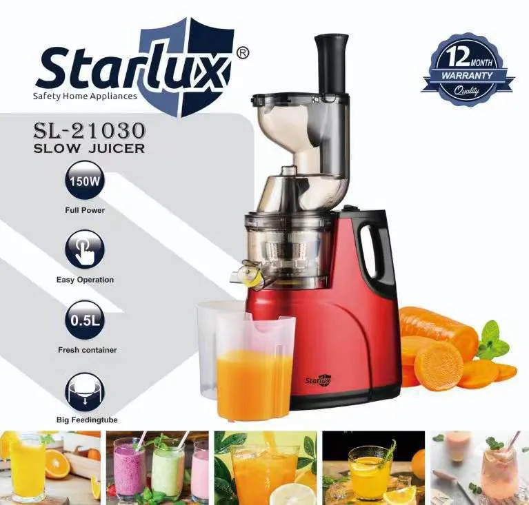 Starlux Slow Juicer. Model: SL-21030,.5Ltrs Juice Container,0.5Ltrs Pulp Container, 150 Watts and Anti-Skid Silicone Base.
