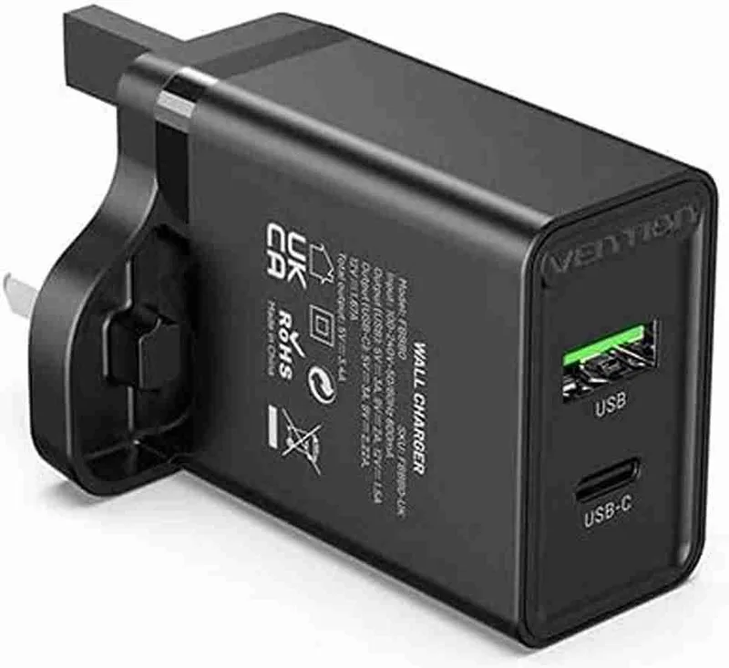 Vention Two-Port USB (A+A) Wall Charger (18W/18W) UK-Plug Black