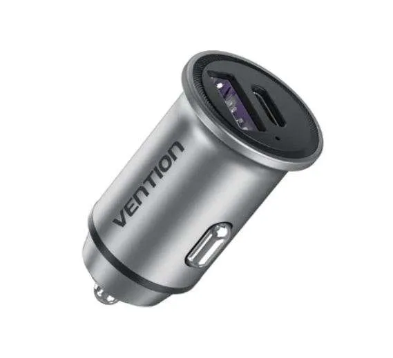 Vention Two-Port USB A+A(30+30) Car Charger Gray Mini Style Aluminium Alloy Type (FFFHO)